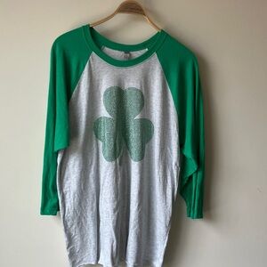 NEXT LEVEL APPAREL Green and Gray Raglan Tee with Shamrock Clover bling! XXL